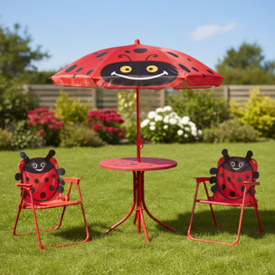 Well Home Conjunto jardín niños 4 piezas (mesa + 2 sillas + paraguas) diseño Mariquita, plegable y ligero