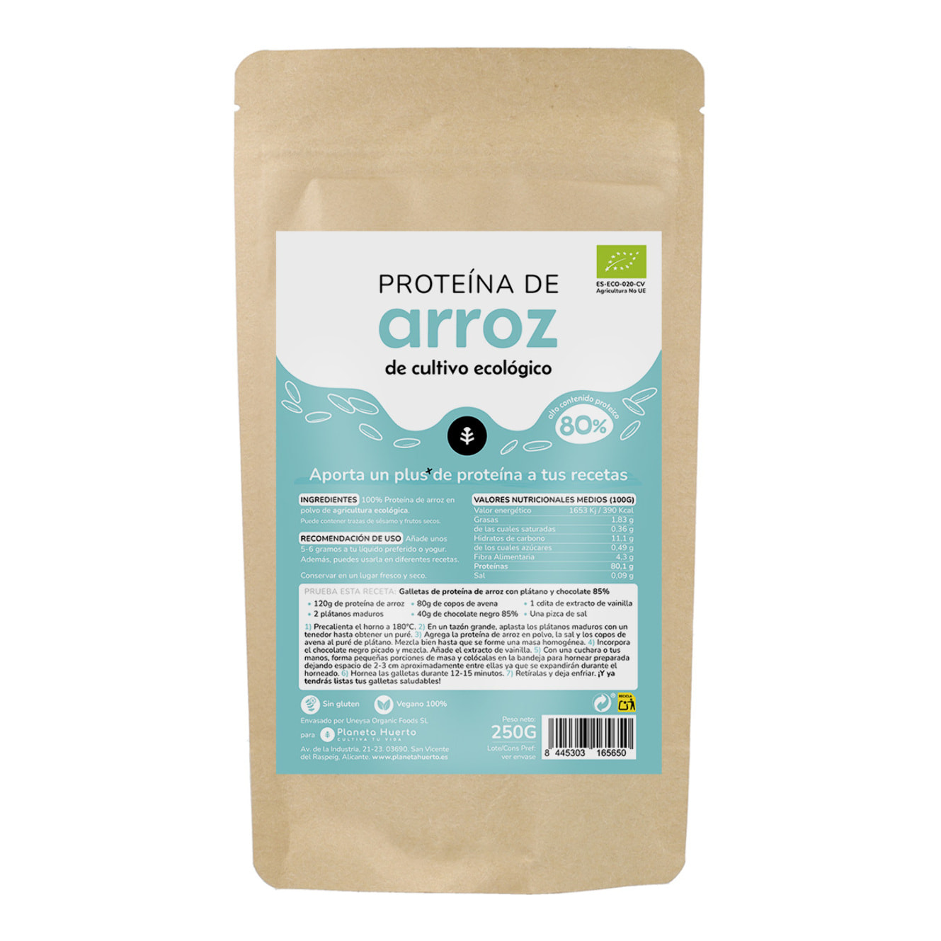 PLANETA HUERTO | Proteína de Arroz 80% ECO - Bolsa de 250 g de Proteína Vegetal Ecológica de Arroz para Complementar Tu Dieta