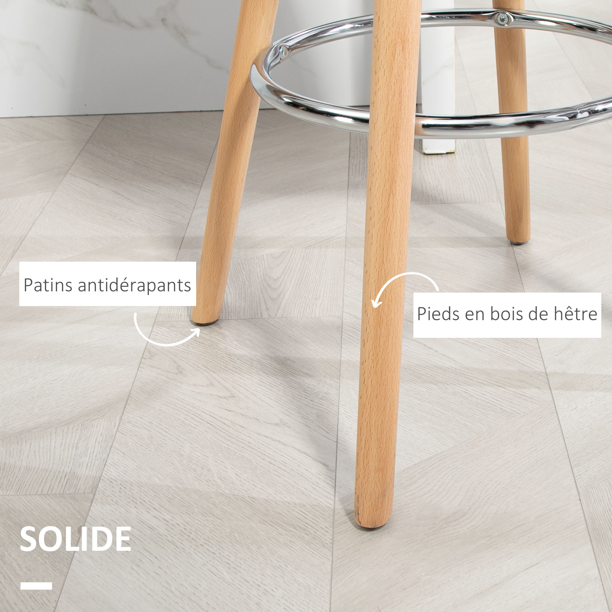 Tabourets de bar style scandinave - lot de 2 tabourets de bar avec repose-pieds - piètement bois de hêtre assise PU noir