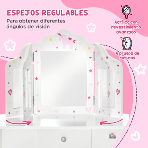 Tocador Infantil de Madera con Taburete y Espejo Mesa Maquillaje con Cajón Rosa