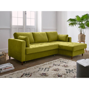 Anna - canapé d'angle droit - 4 places - convertible avec coffre - en velours - Vert Olive