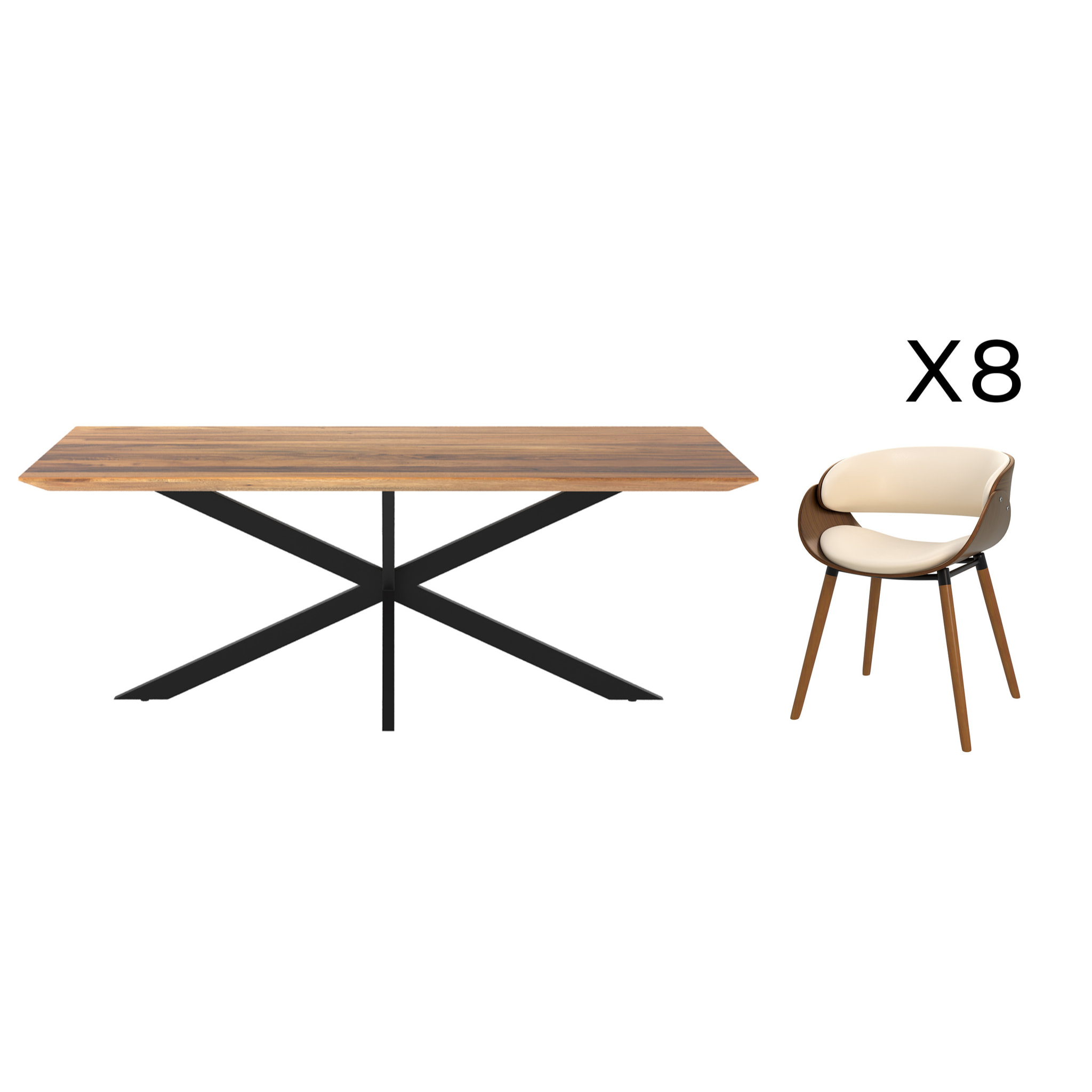 Table et chaise 8 personnes Surdiman en cuir synthétique beige et bois