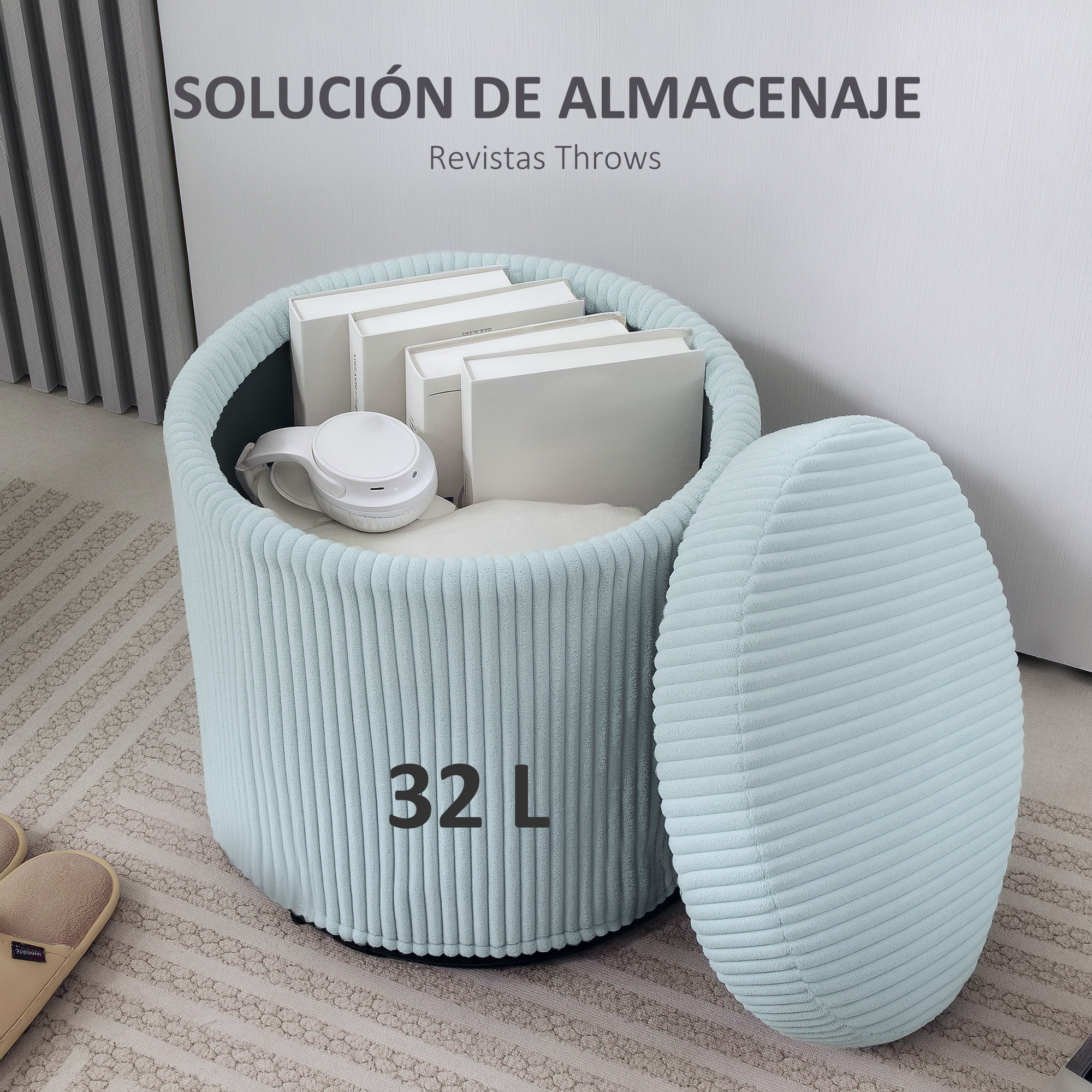 Puff Almacenaje Baúl de Almacenaje Redondo Tapizado en Pana Asiento Acolchado Tapa Extraíble para Pasillo Dormitorio Salón Ø40x41 cm Azul Claro