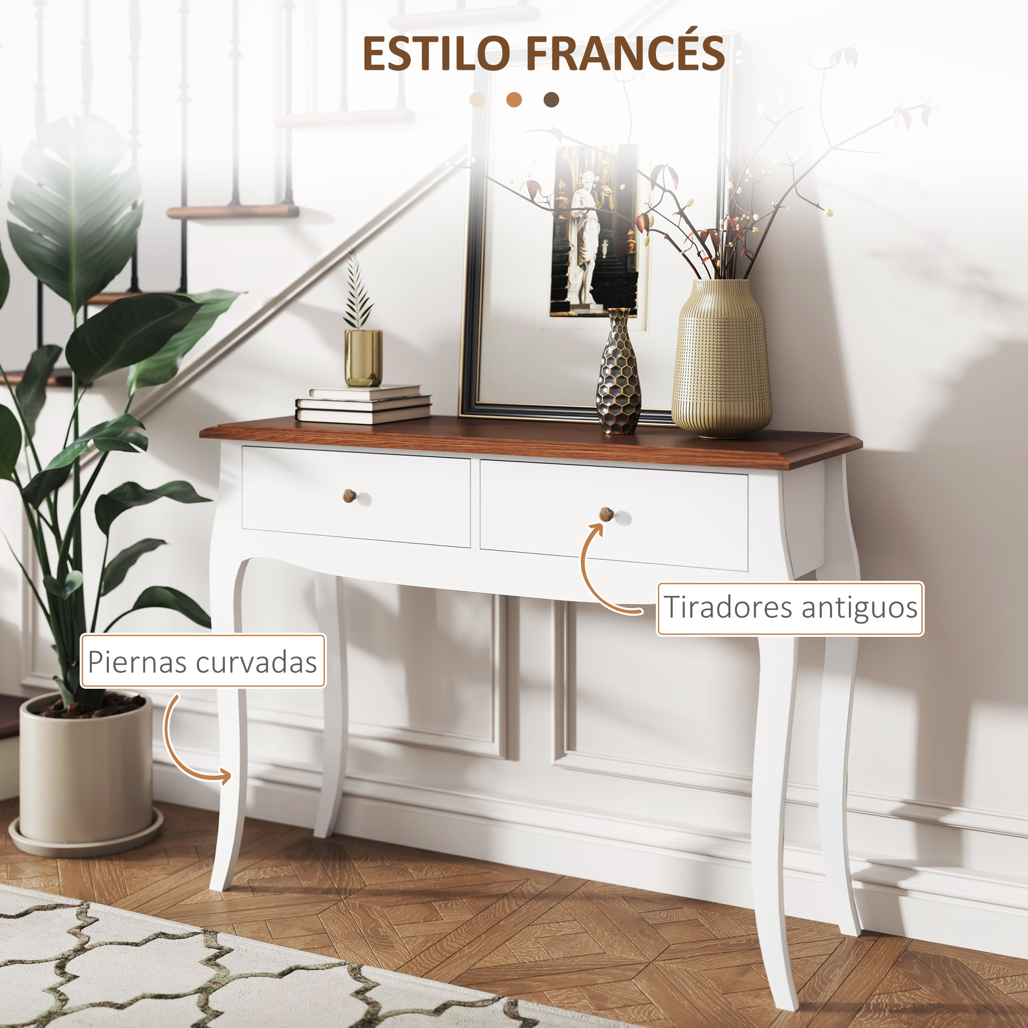 Mesa de Consola Mesa de Entrada con 2 Cajones Consola para Recibidor Estilo Francés para Pasillo Dormitorio Salón 100x35x76,5 cm Blanco y Marrón Oscuro