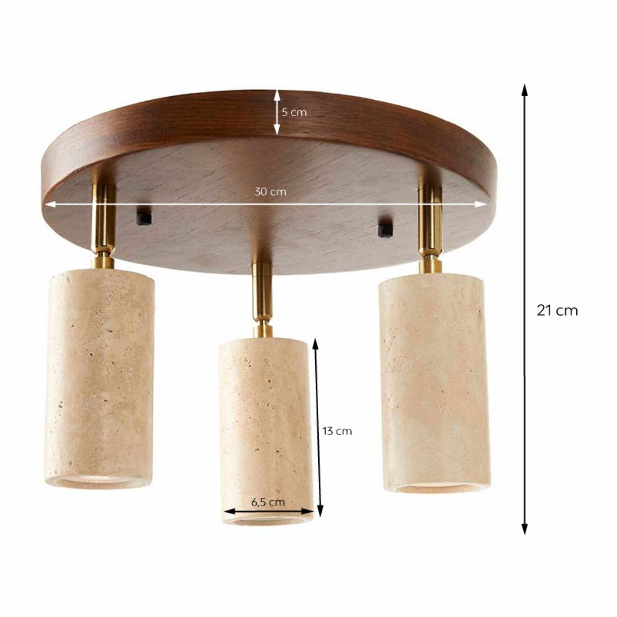 Luminaire rond avec 3 spots orientables en travertin et effet bois TIVOLI