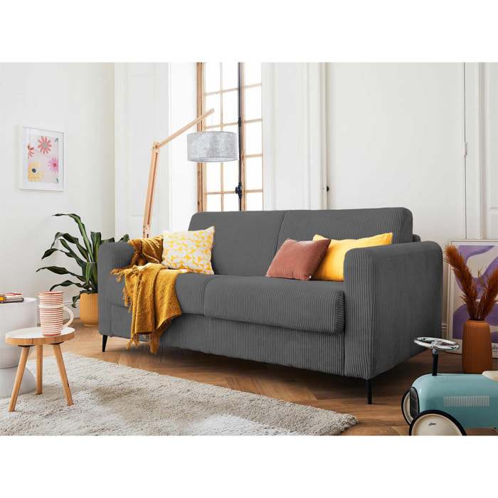 Owen - canapé lit 3 places convertible express couchage quotidien 140 cm matelas 12 cm en velours côtelé - Gris foncé