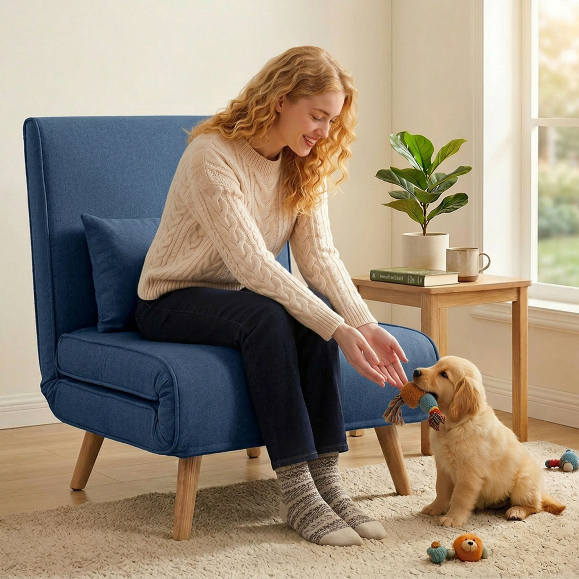 Sofá Cama Individual 3 en 1, Sillón Cama Plegable con Respaldo Ajustable en 5 Posiciones, Asiento Amplio, Almohada Acolchada, Patas de Madera, 72x75x85 cm, Azul Oscuro