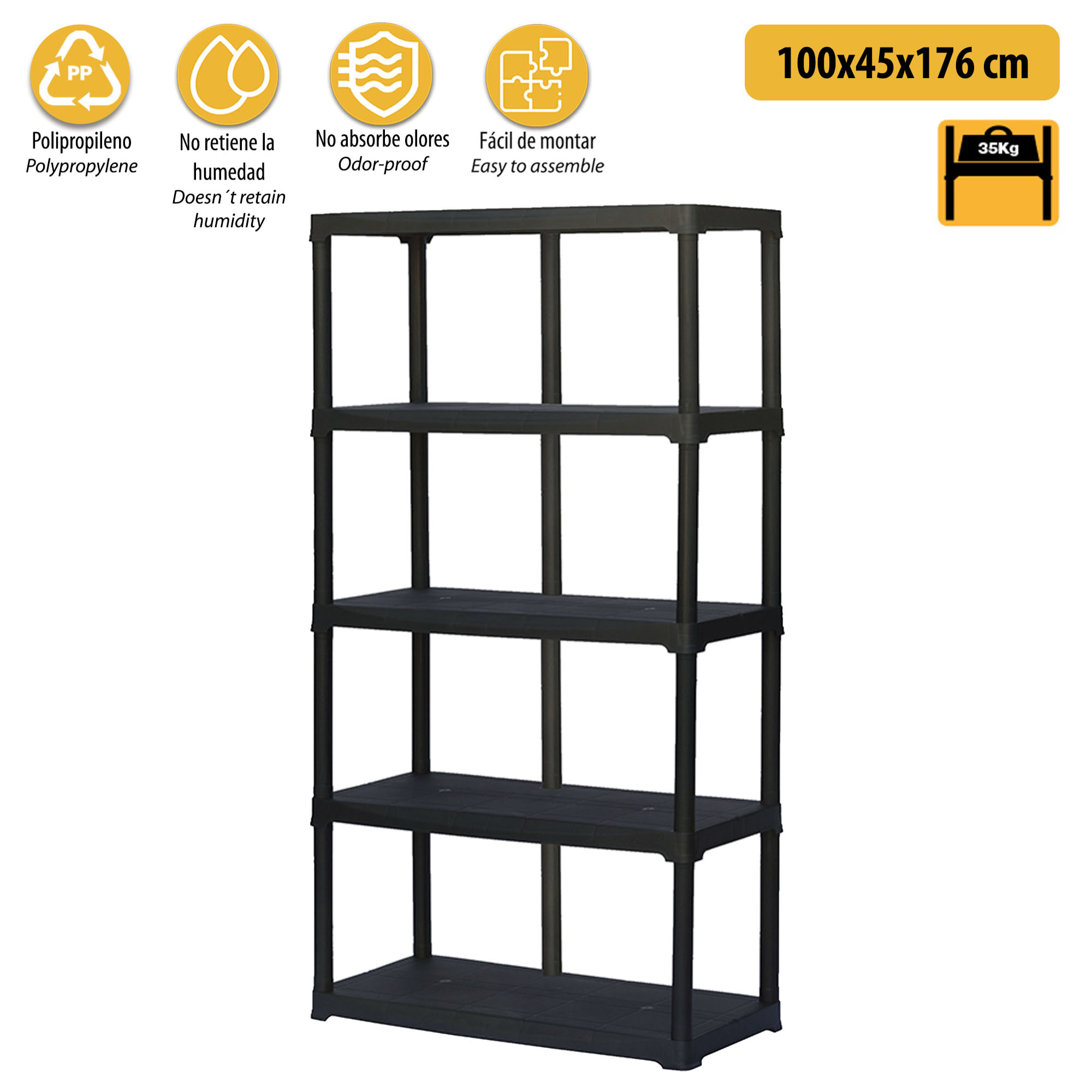 5 estantes  en polipropileno, interior/ exterior, 60x58,5xh 176 cm, profundidad doble