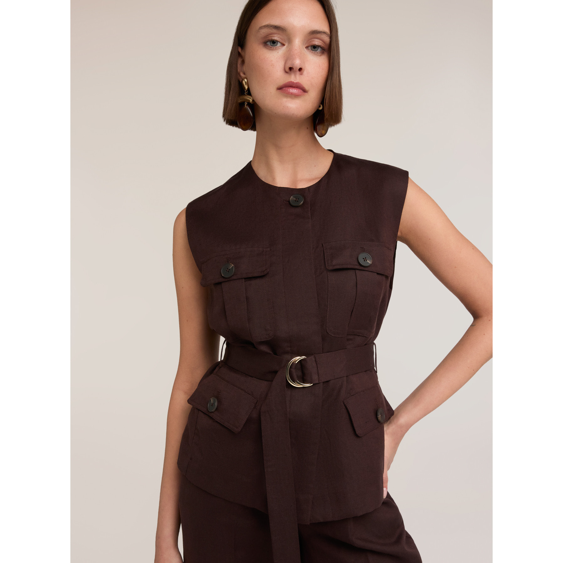 Motivi - Gilet sahariana misto lino lyocell - Marrone