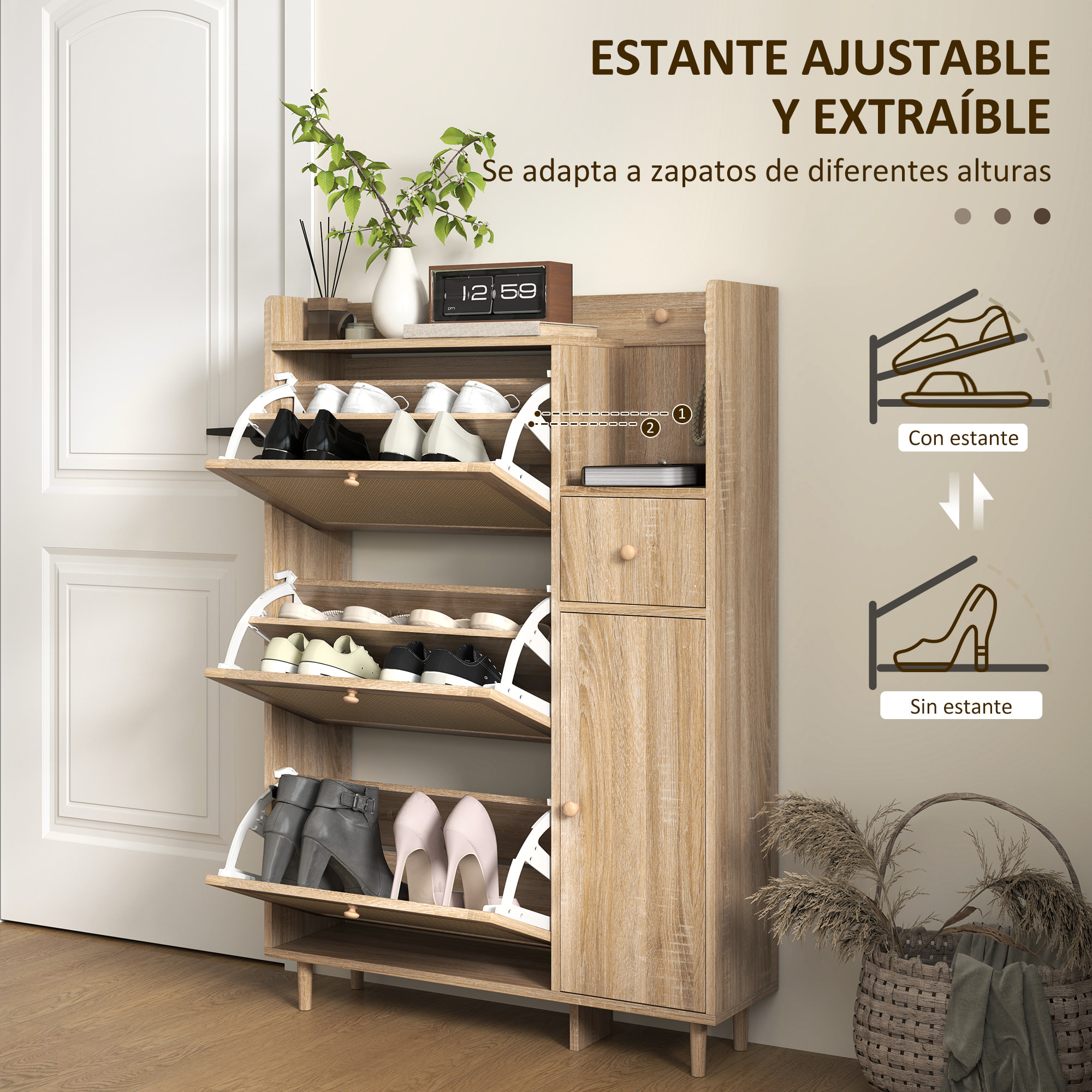 Mueble Zapatero Armario Zapatero con 3 Cajones Abatibles con Frentes de Ratán para 12 Pares de Zapatos Estantes Ajustables Zapatero Estrecho para Pasillo Entrada 80x23x120 cm Roble