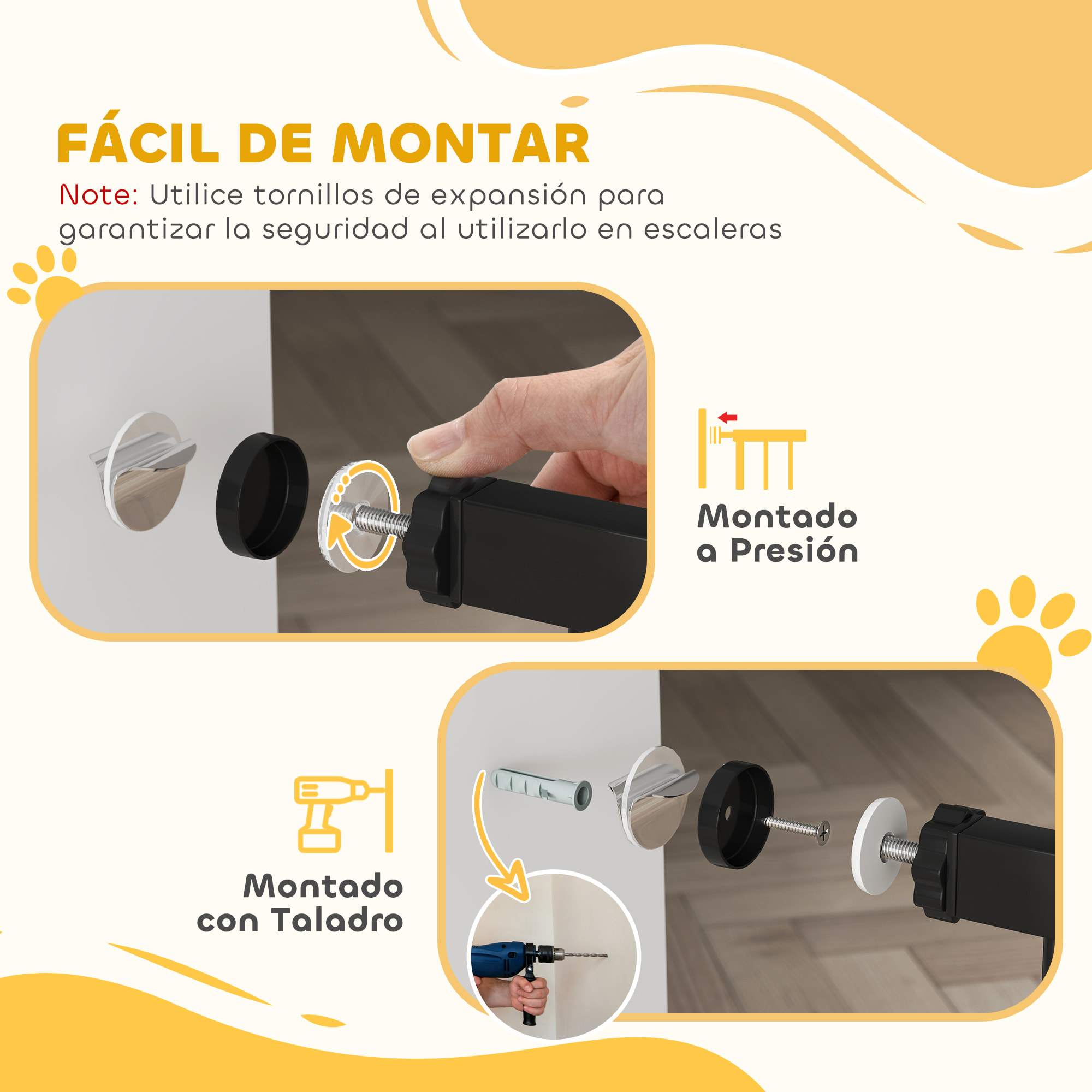 Barrera de seguridad para Perros Extensible 74-87 cm, para Puertas y Escaleras, Barrera para Perros con Extensión 7 cm, Montaje a Presión y Doble Bloqueo, Negro