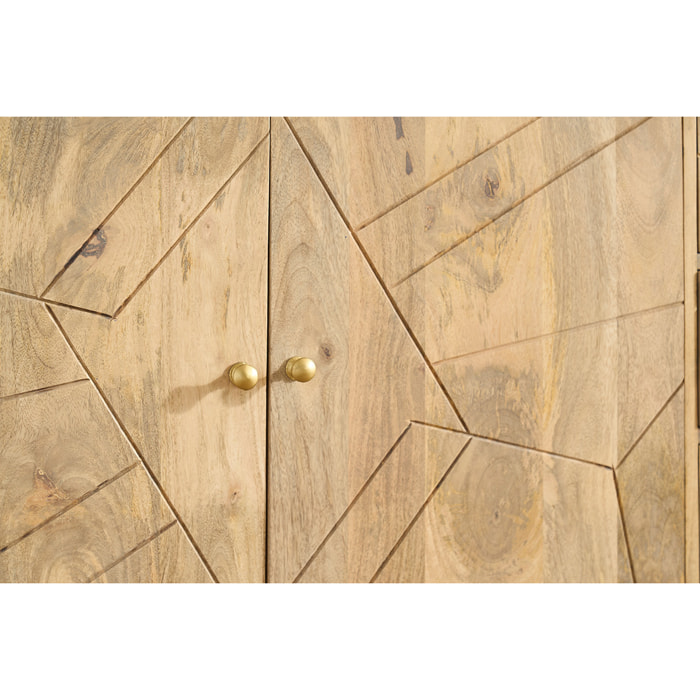 Buffet gravé en bois manguier massif et métal doré 2 portes 3 tiroirs L145 cm LINIUM