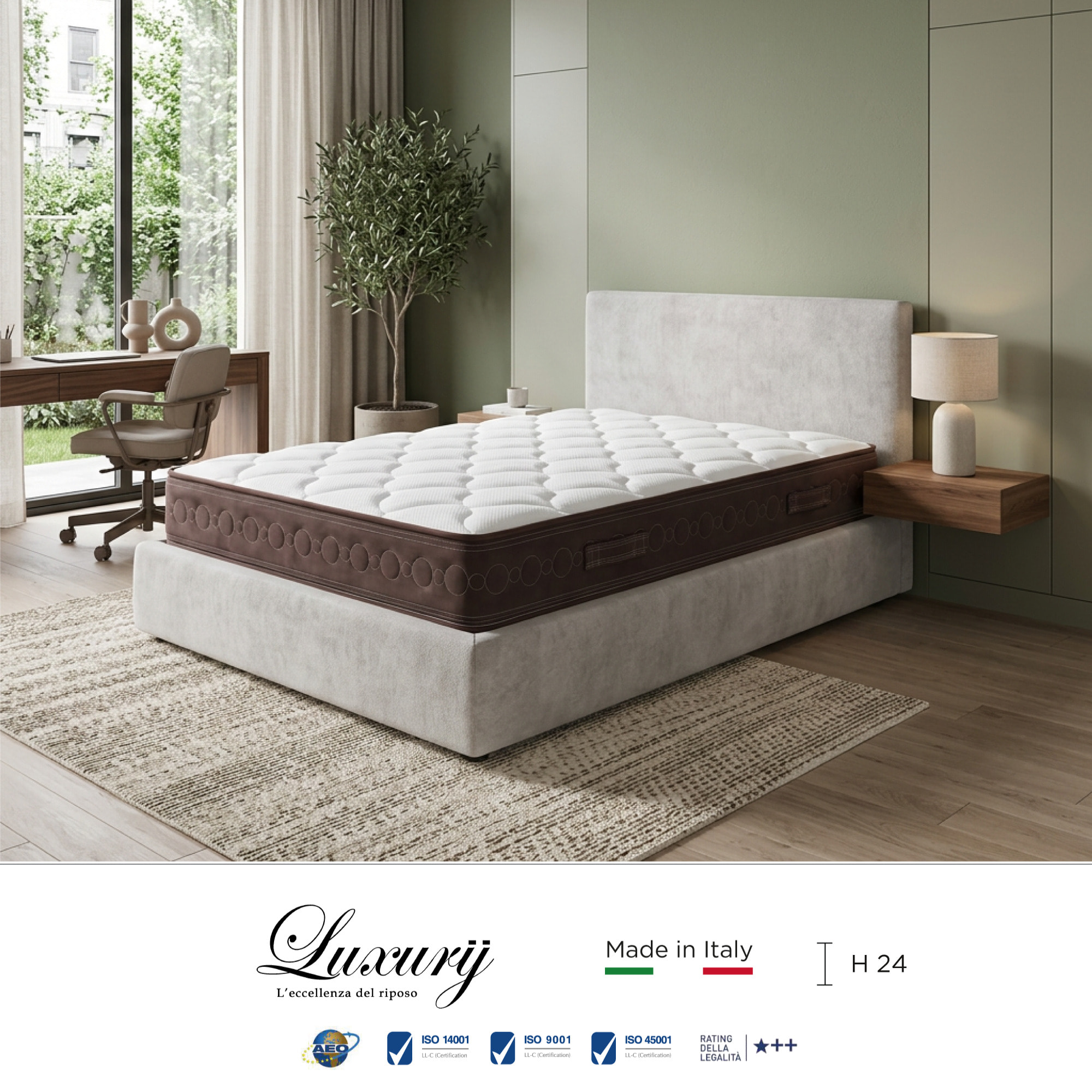 "Salerno" H24 cm 90x190 guanciale Memory OMAGGIO, a molle insacchettate indipendenti ,7 zone a portanza differenziata arrotolato