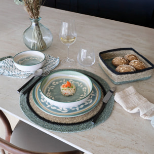 Lot de 6 sets de table en jonc de mer naturel et vert d38cm IRIS