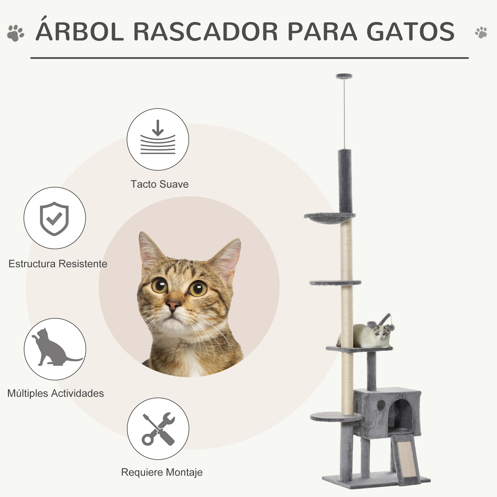 Árbol Rascador para Gatos Altura Ajustable 238-270 cm con Hamaca Cueva Gris