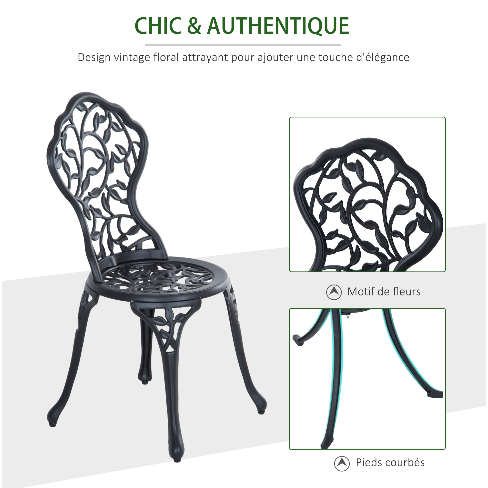 Ensemble salon de jardin 2 places avec table ronde style rétro fonte alu noir