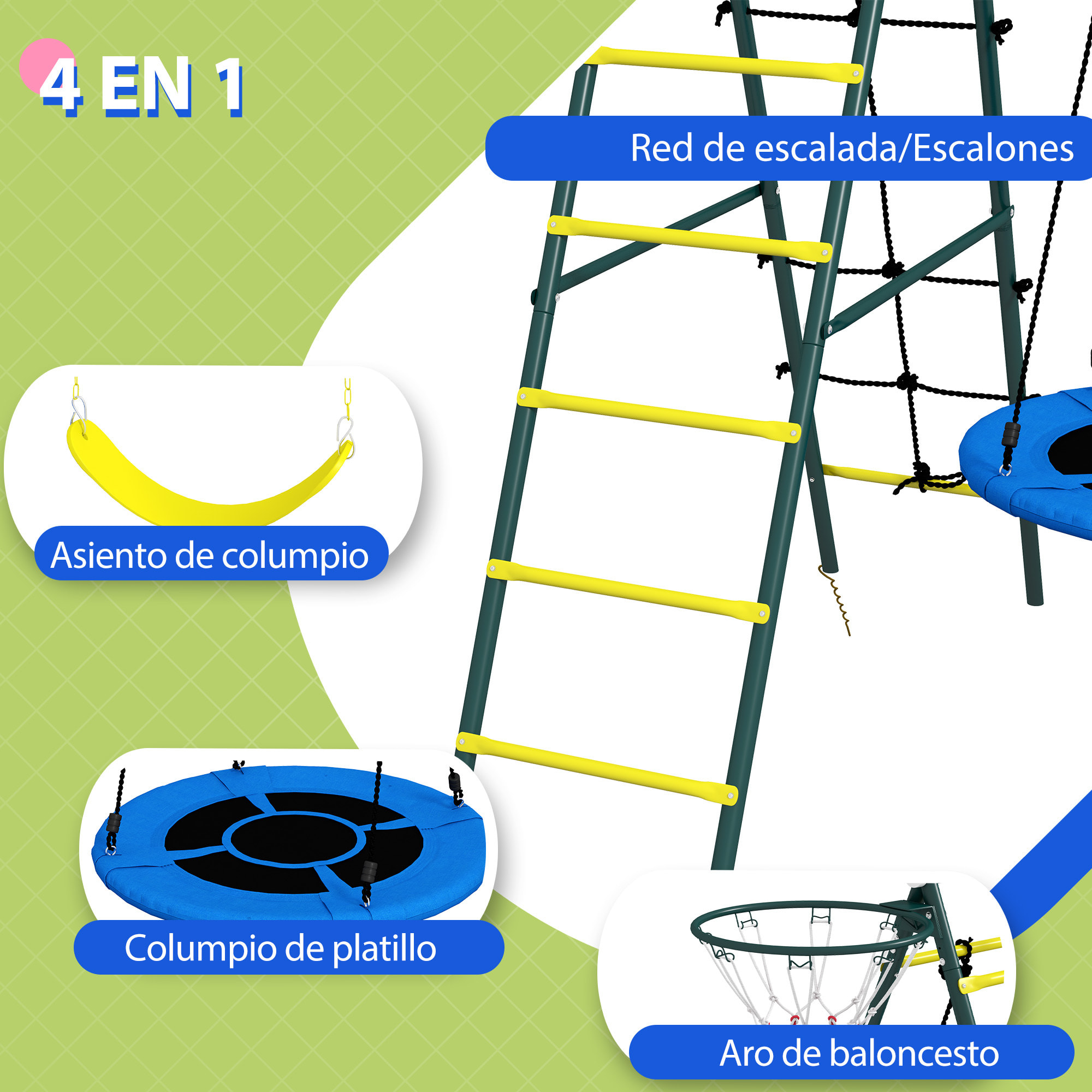 Columpio Infantil 4 en 1, con Columpio Nido e Individual, Red para Escalar, Canasta de Baloncesto, Escalera, Carga 160 kg, para Exterior, Parque Infantil para Niños de 3 a 8 Años, Amarillo