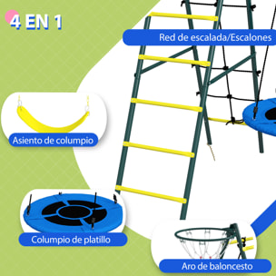 Columpio Infantil 4 en 1, con Columpio Nido e Individual, Red para Escalar, Canasta de Baloncesto, Escalera, Carga 160 kg, para Exterior, Parque Infantil para Niños de 3 a 8 Años, Amarillo