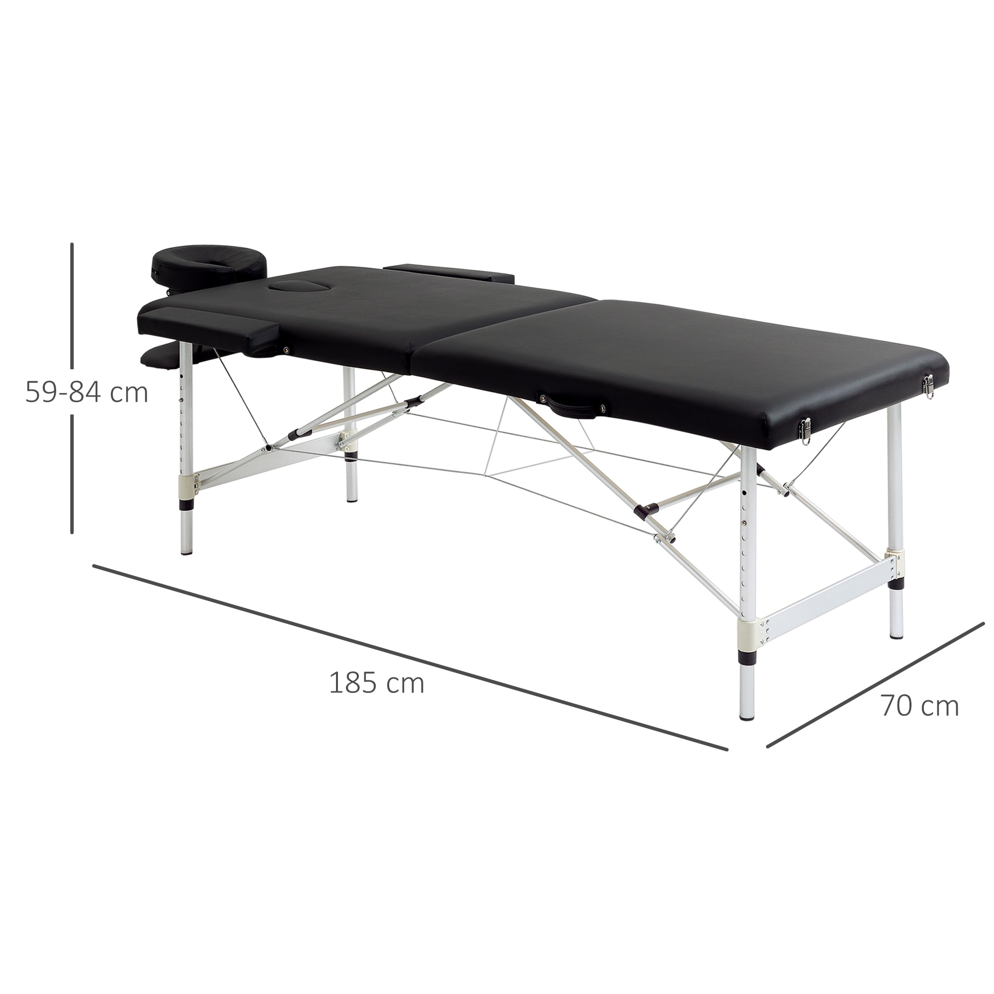 Table de massage pliable 3 zones hauteur réglable dim. 185L x 70l x 59-84H cm sac transport alu. synthétique PVC noir