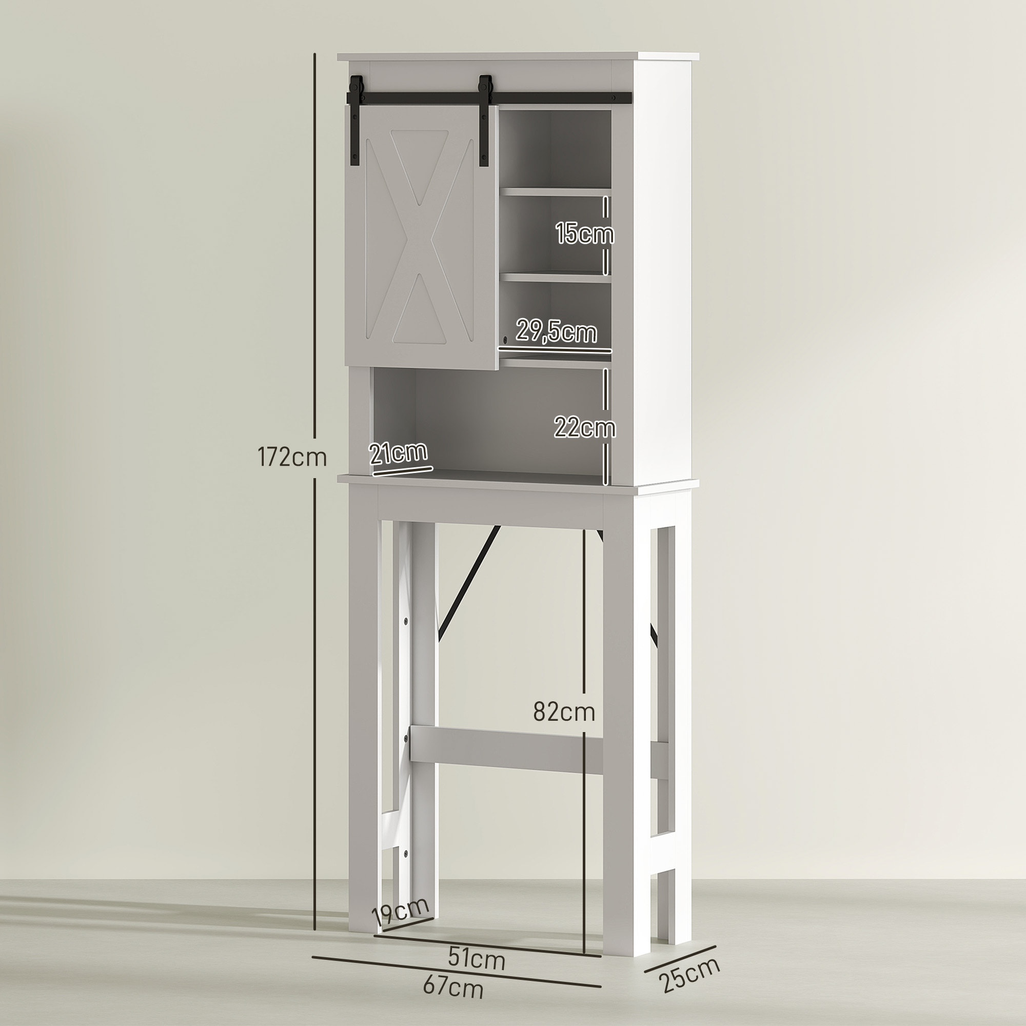 Mueble sobre Inodoro Armario sobre Inodoro con Puerta Corredera de Granero y 6 Compartimentos Mueble de Baño Rústico 67x25x172 cm Blanco