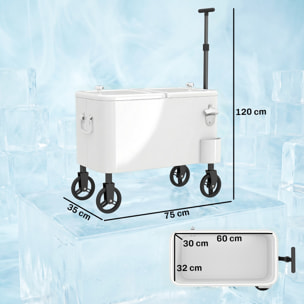 Carrito Nevera de 56L con Ruedas, Carro de Bebidas con Mango Ajustable, Abrebotellas, Recogetapas, Drenaje y Asa, Mesa Nevera Jardín Exterior para Patio, Fiesta, BBQ, 75x35x120 cm, Blanco