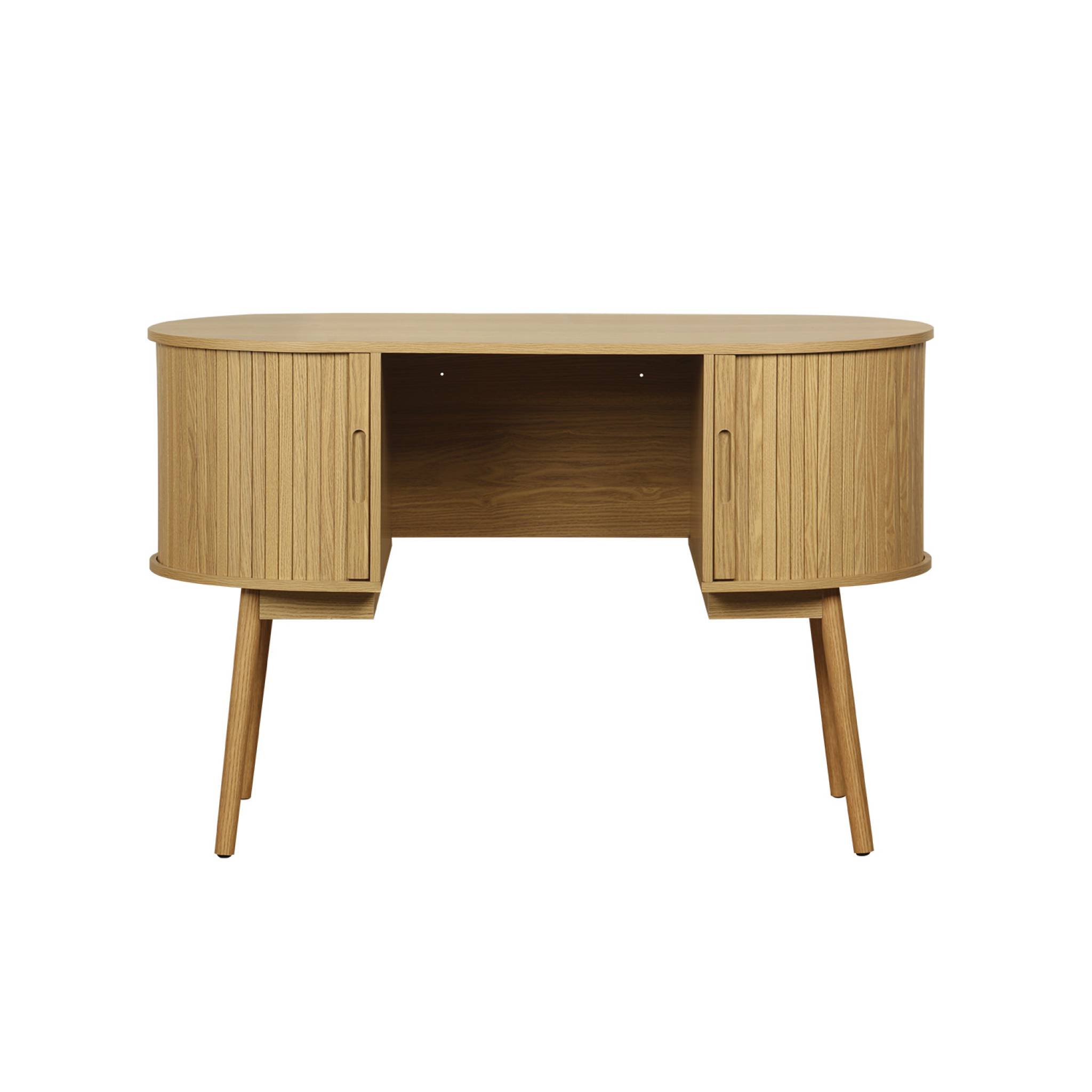 Bureau ovale effet bois rainuré avec deux espaces de rangement. L 120 x P 55 x H 77 cm