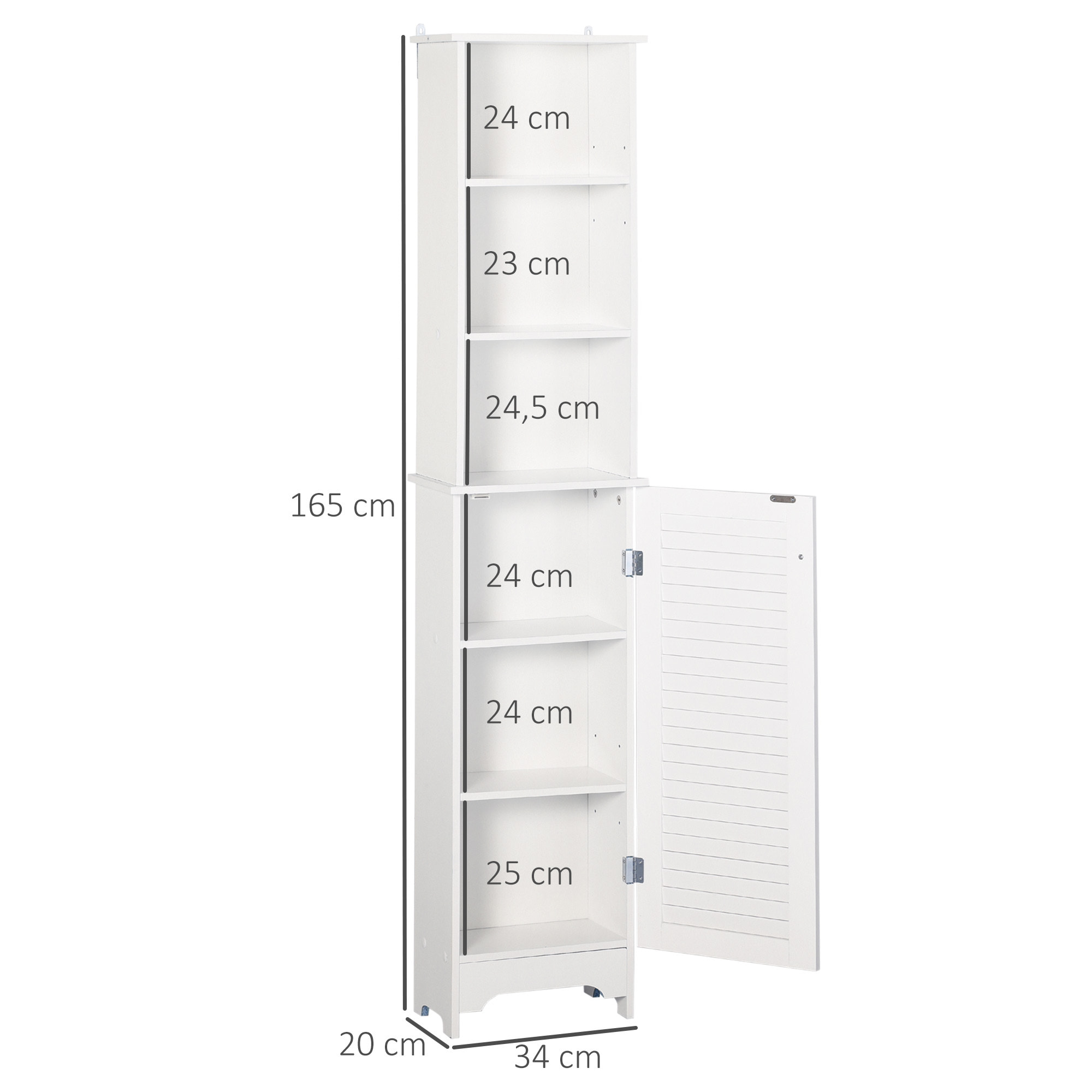 Armario Alto de Baño con 1 Puerta 3 Estantes Balda Ajustable 34x20x165 cm Blanco