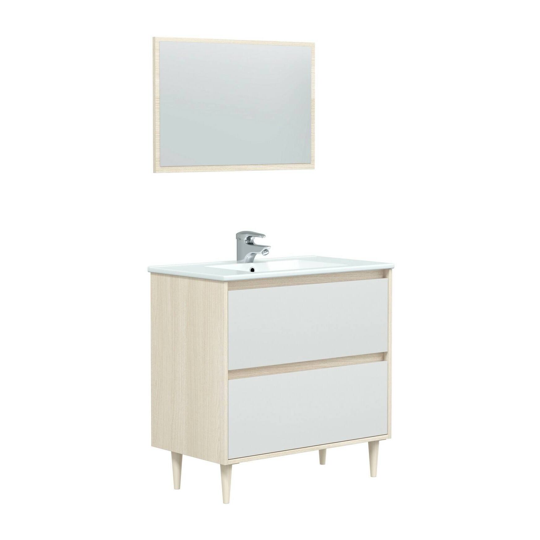 Mobile sottolavabo Berillo, Sotto lavabo bagno, Mobiletto da bagno con specchio, Lavabo non incluso, 80x45h80 cm, Bianco lucido e Rovere
