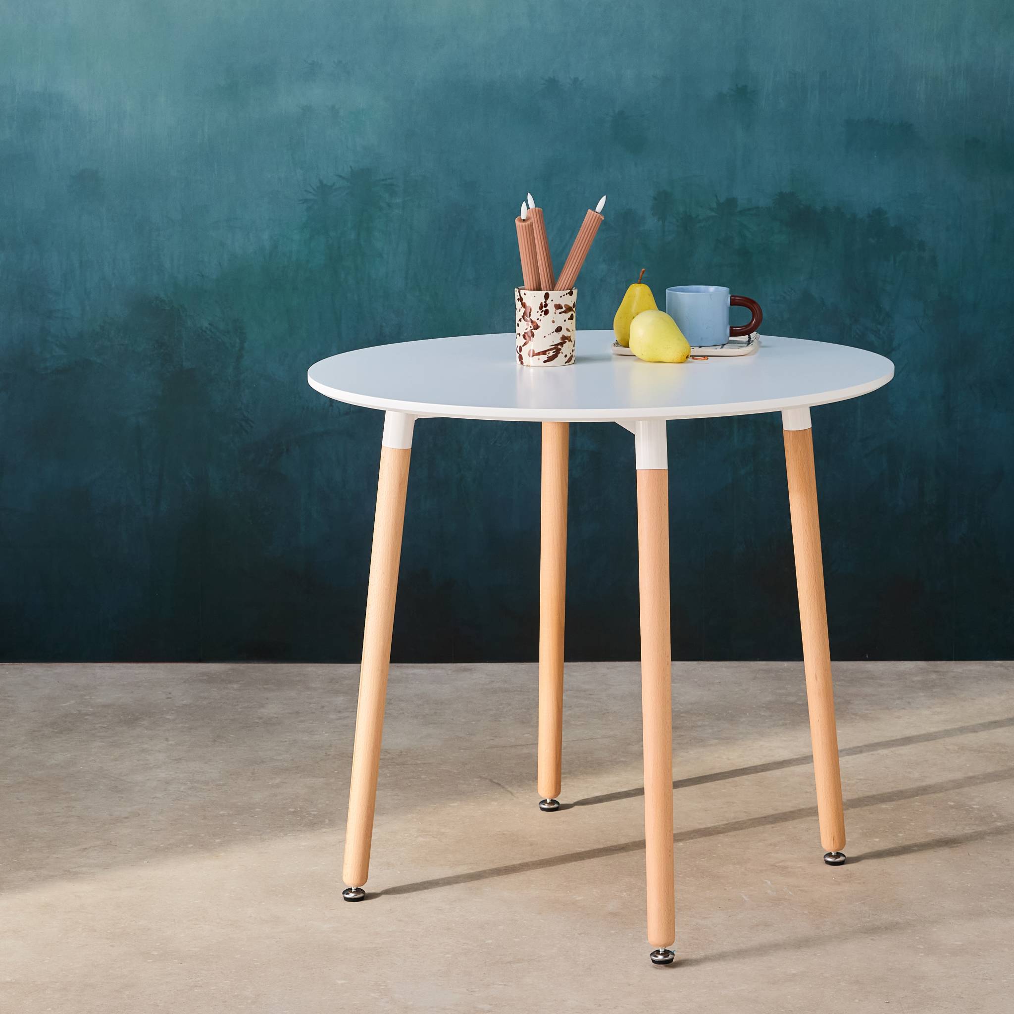 Table à manger blanche ronde Ø80cm MDF et bois de hêtre - Hedvig