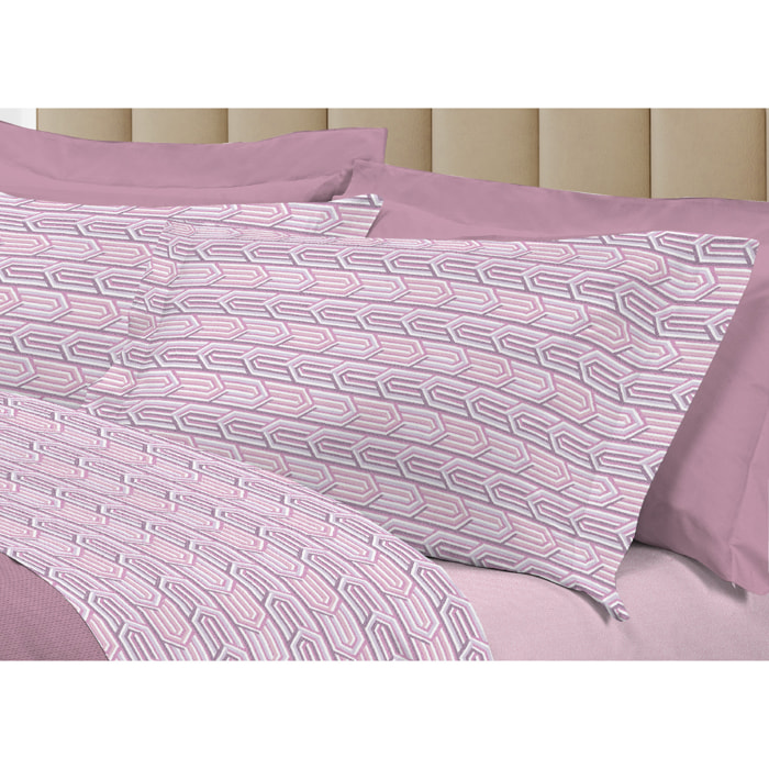 Completo Lenzuola Linea 3027 In Percalle Fantasia Geometrico Disegno Henry Rosa