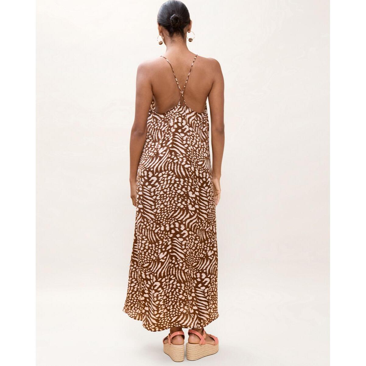 Abito lungo con spalline e stampa a pois