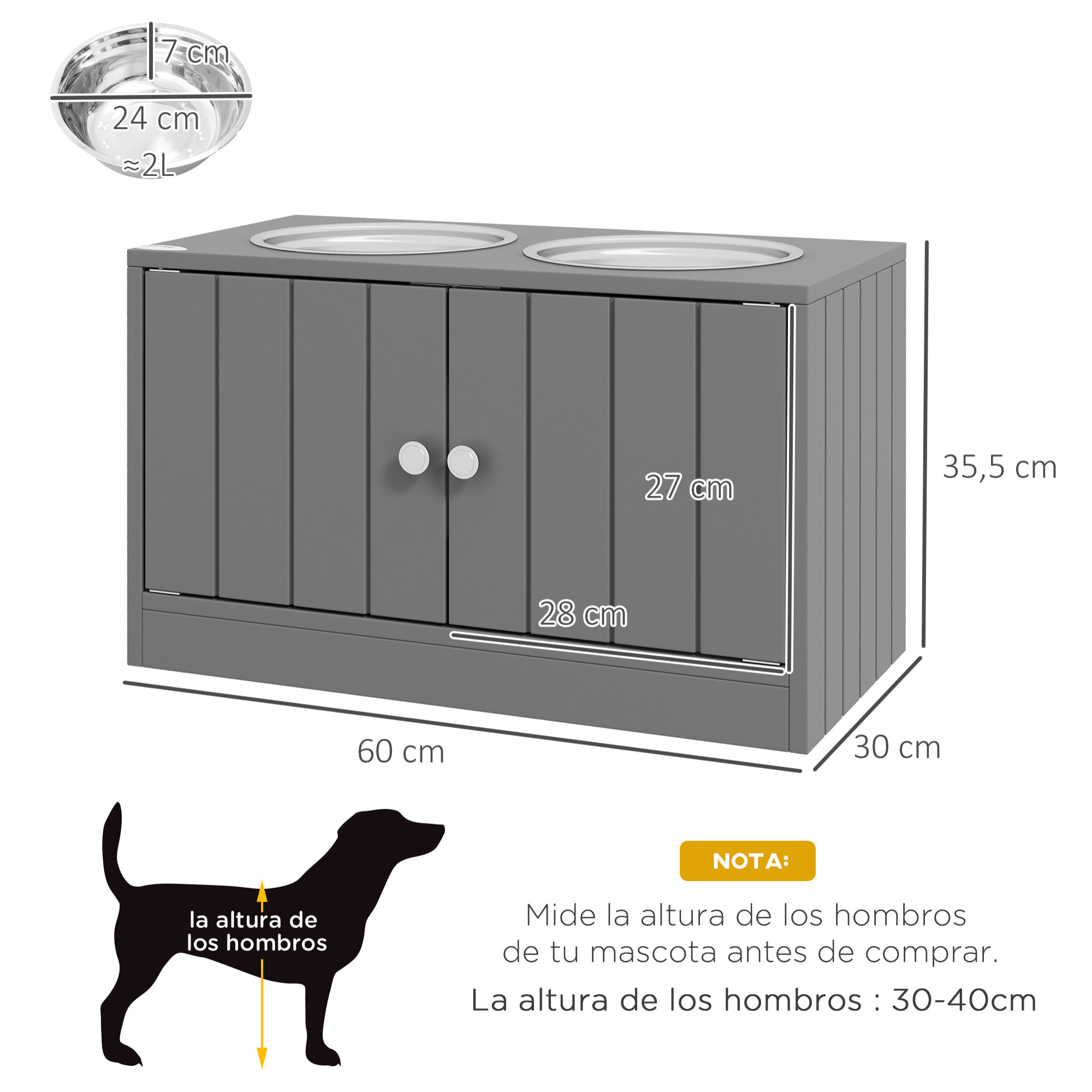 Comedero Perro Elevado con 2 Cuencos de Acero Inoxidable 2x2000 ml Comedero Elevado para Perros Grandes con 2 Puertas y Almacenamiento Oculto Gris
