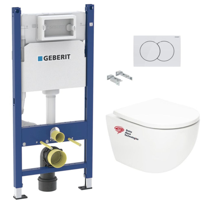 Pack WC Bâti support Geberit + WC Swiss Aqua Technologies Vortex sans bride + abattant SoftClose + plaque (TORNADOGEB3)