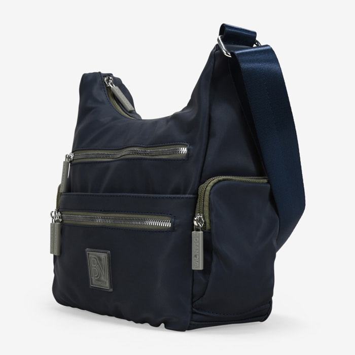 Bolso bandolera azul con cremalleras verdes