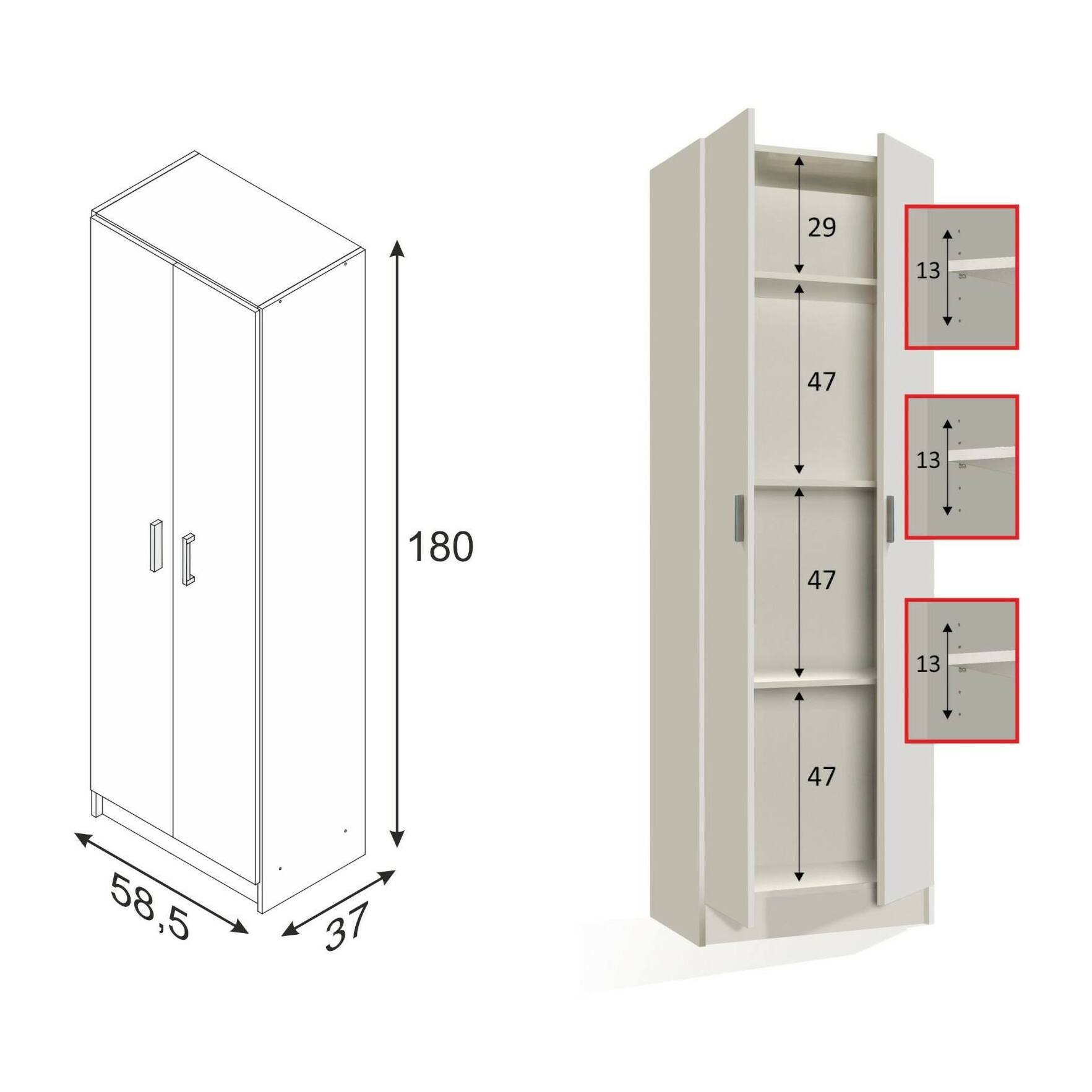 Armadio multiuso Salem, Mobile ausiliario a 2 ante, Portascarpe con 3 ripiani, Scarpiera alta moderna, cm 59x37h180, Bianco