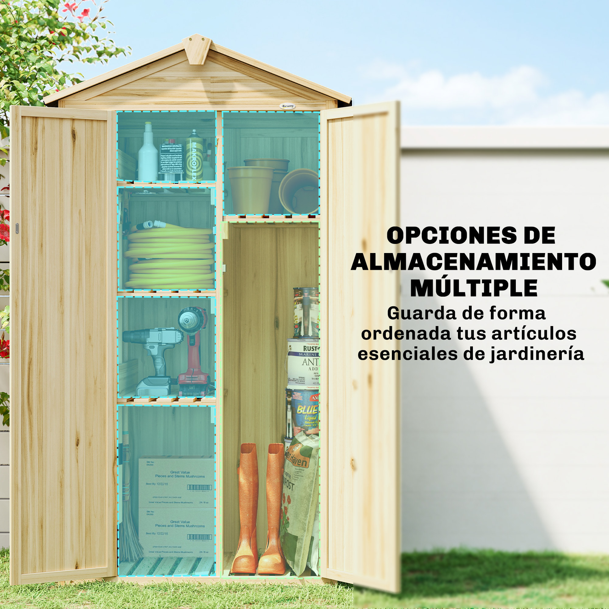 Caseta de Jardín de Madera 93x53x168 cm, Cobertizo Jardín Exterior, Armario Exterior para Herramientas con Puertas Bloqueables, 4 Estantes, Techo Asfáltico Inclinado y Ganchos, Madera Natural
