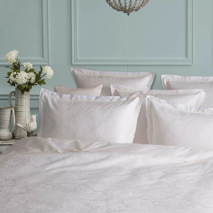 Taie d'oreiller satin de coton motif jacquard ivoire Isaphire diamant blanc