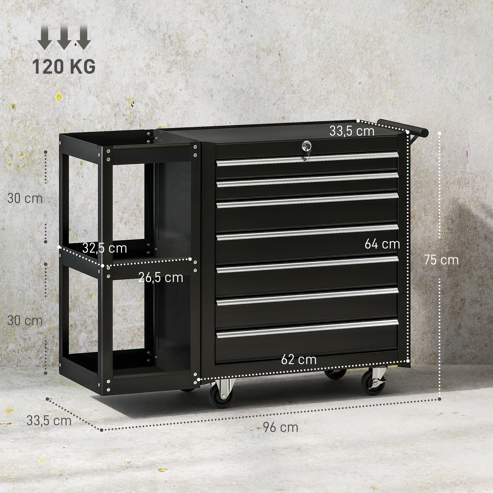 Servante d'atelier 7 tiroirs verrouillables 3 étagères tôle acier noir