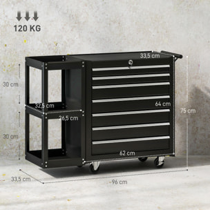 Servante d'atelier 7 tiroirs verrouillables 3 étagères tôle acier noir