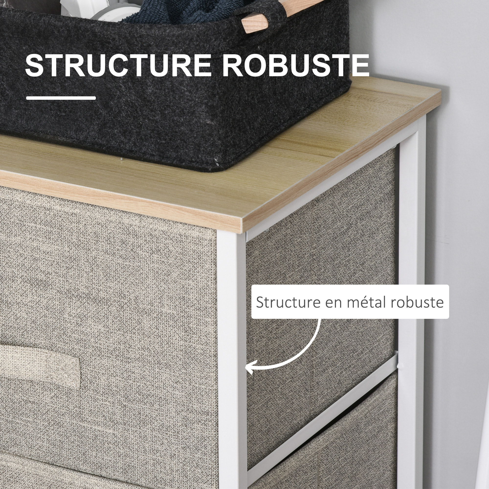 Rangement 3 tiroirs chiffonnier métal blanc effet bois clair non tissé gris clair