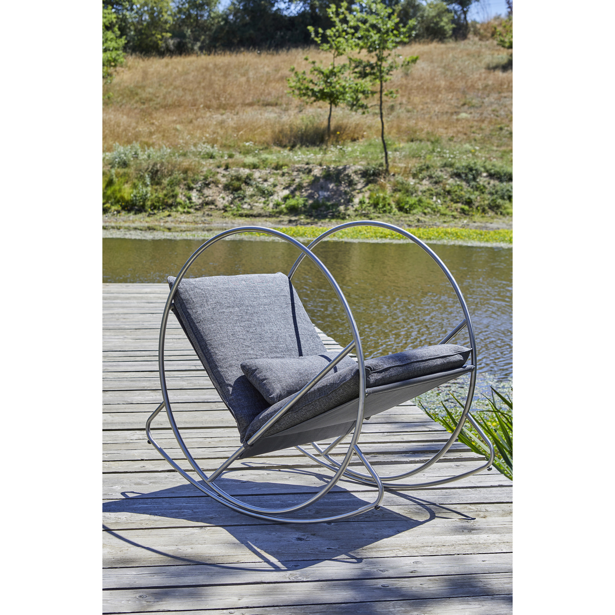 CAPRERA - Fauteuil à bascule de jardin en inox et toile plastifiéee