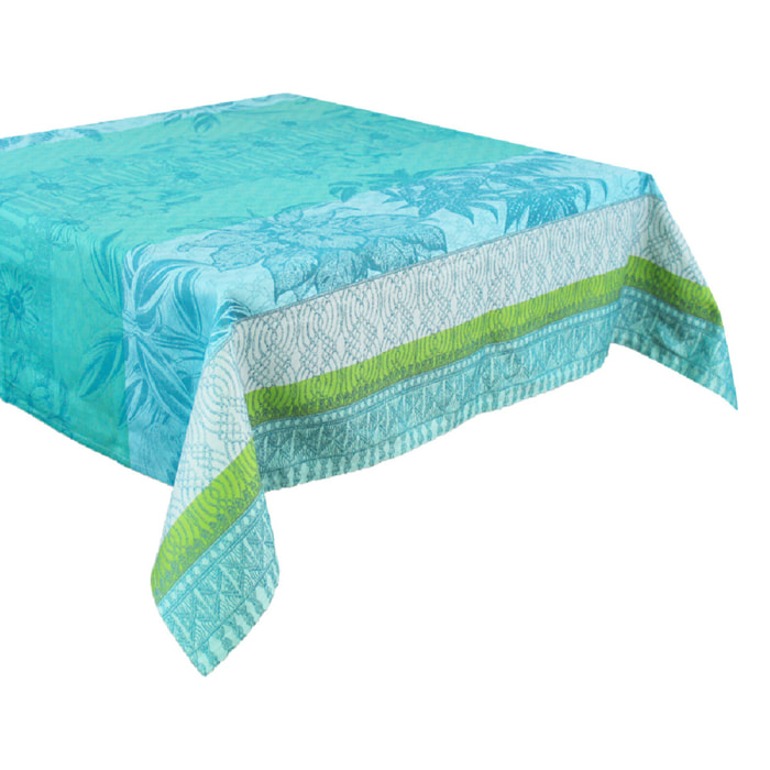 Nappe pur coton motif jacquard bleu vert Mille alocasias atoll