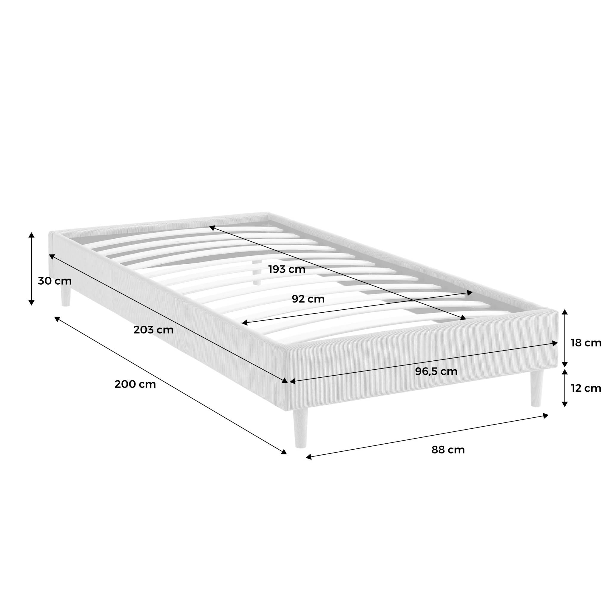 Lit avec sommier à lattes. L 203 x P 96.5 x H 30cm. gris. finition velours côtelé (fine côte)