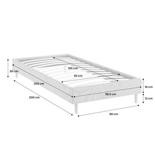Lit avec sommier à lattes. L 203 x P 96.5 x H 30cm. gris. finition velours côtelé (fine côte)