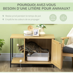 Maison de toilette pour chat style industriel porte entrée latérale boule suspendue châssis acier aspect bois clair