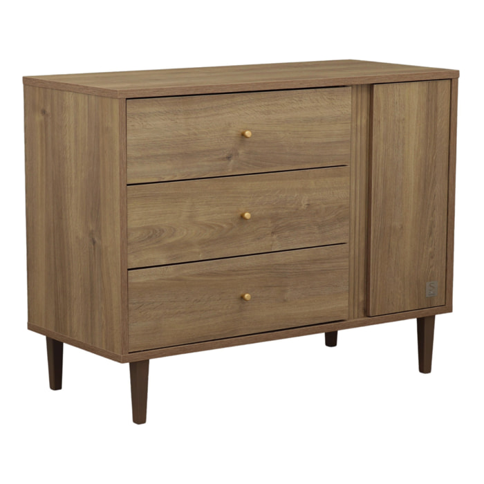 Commode 3 tiroirs et 1 porte avec détail imitation bois texturé et pieds bois