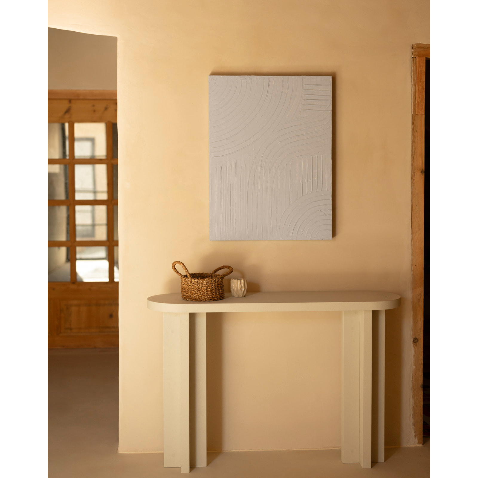 Tableau beige décoratif sur coton avec cadre en bois peint à la main à la peinture à l'huile en différentes tailles