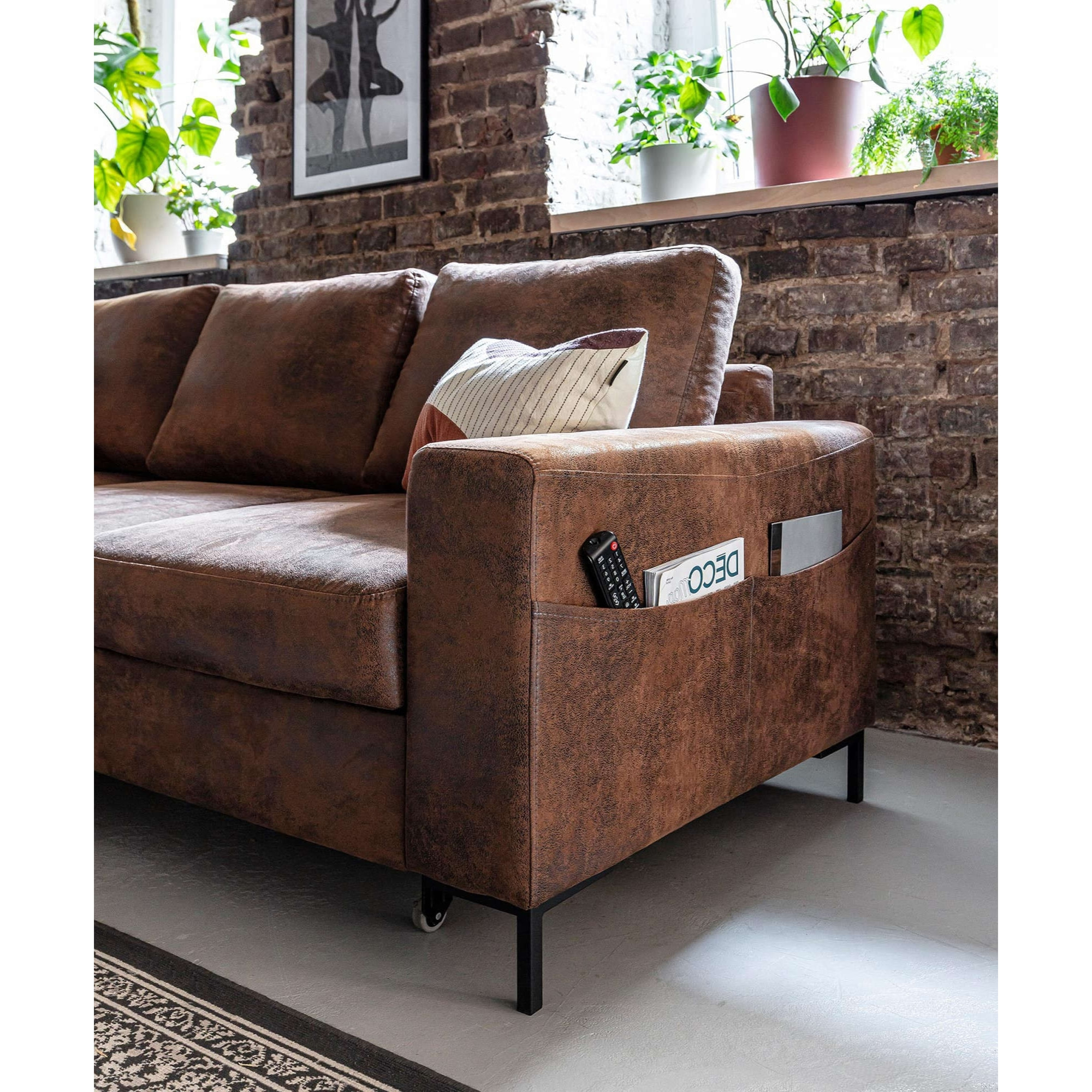 Lilly - Canapé d'angle gauche - 4 places - convertible avec coffre - en microfibre - Marron