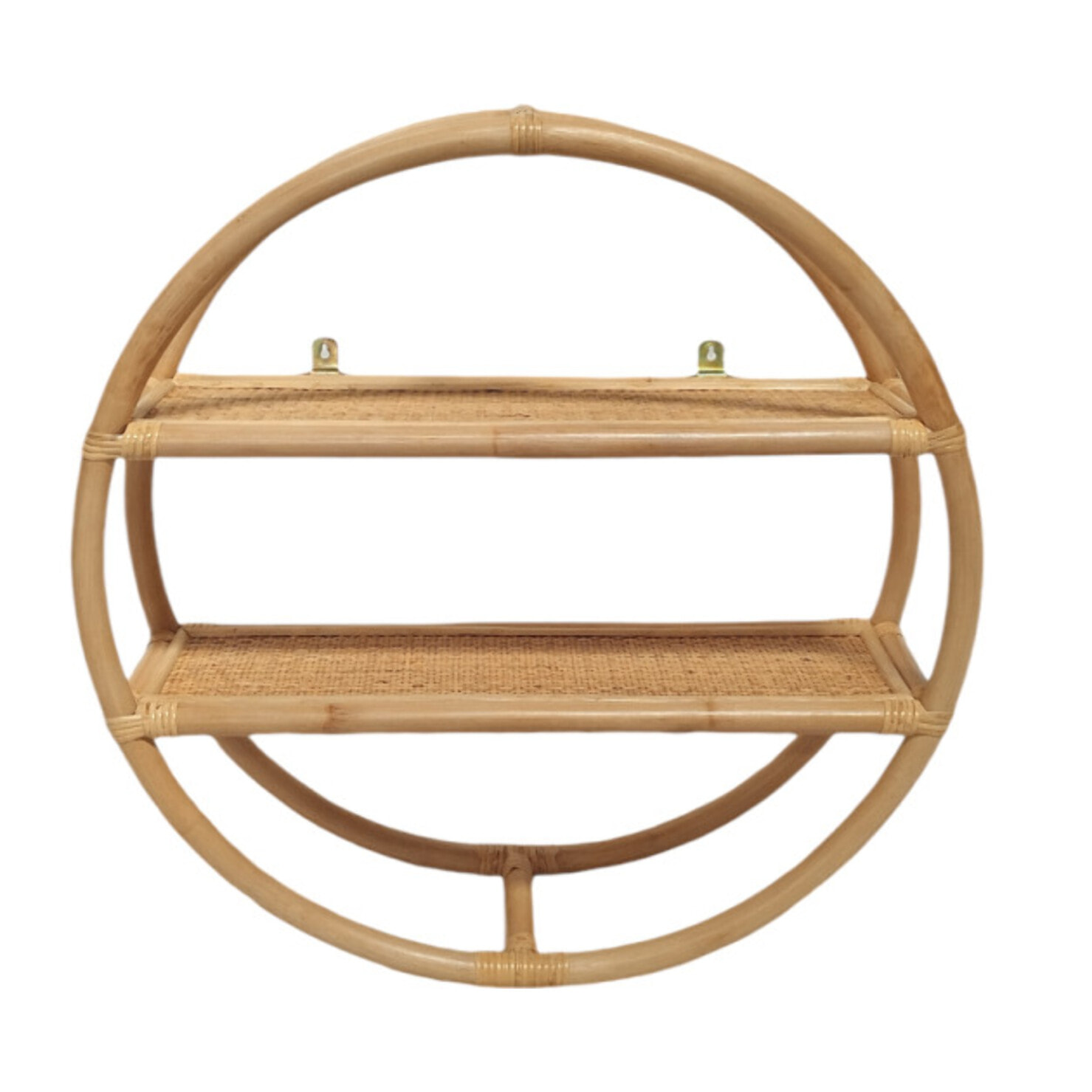 Etagère murale ronde D. 60 cm en rotin naturel avec 2 tablettes - VIVIA