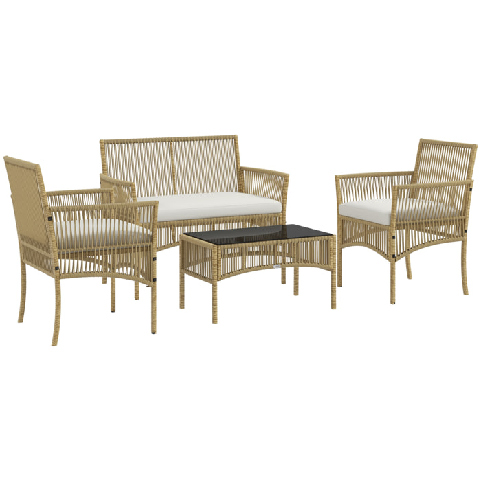 Conjunto de Muebles de Jardín de Ratán Juego de 4 Piezas Muebles de Terraza con 1 Sofá de 2 Plazas 2 Sillones Cojines y 1 Mesa de Centro de Tablero de Vidrio para Patio Natural y Beige